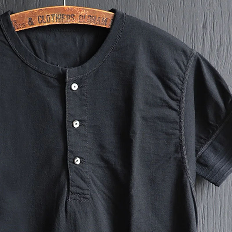 Vintage Cotton Classic Black Short Sleeve Henley Tee