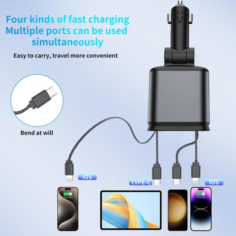 ✨66W Dual-Port Retractable Car Charger with Lightning Cable | Fast Charging & Purple Starlight LED -4-in-1 Automotive🚗