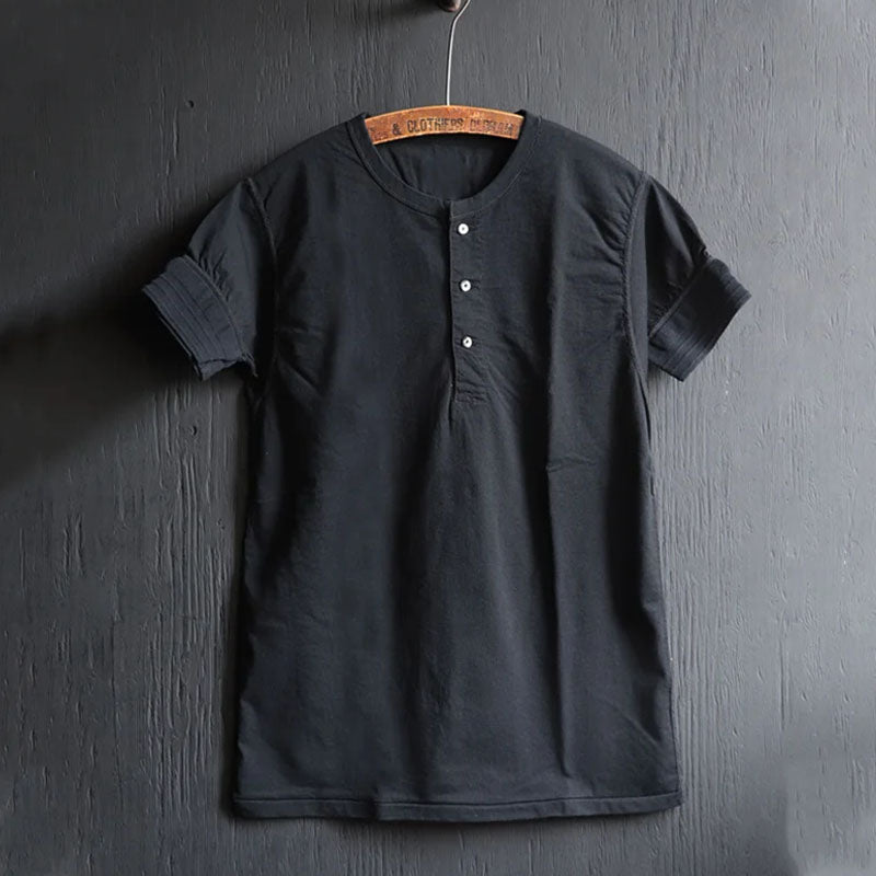 Vintage Cotton Classic Black Short Sleeve Henley Tee
